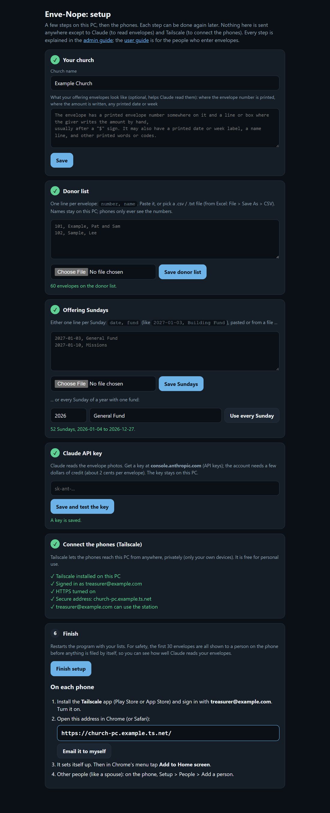 The setup page with all steps done: church name, donor list, offering Sundays, Claude key, Tailscale, and Finish with the phone address