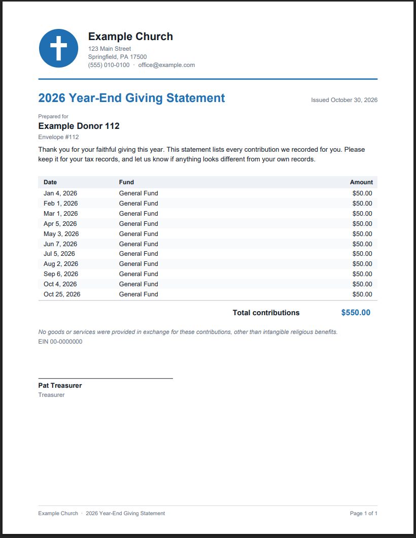 A year-end giving statement for Example Donor 112, total $550.00