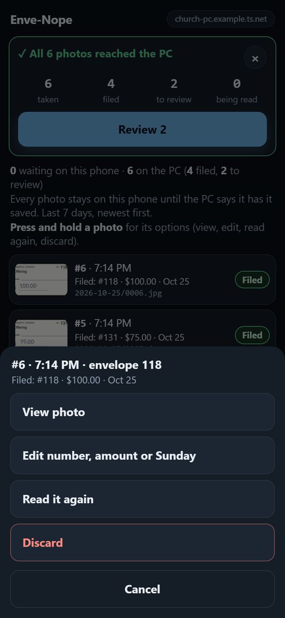 Options for a photo: View photo, Edit number amount or Sunday, Read it again, Discard, Cancel