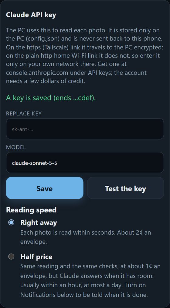 Setup: Claude API key card with Reading speed: Right away or Half price