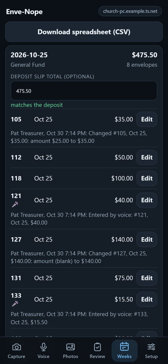 Weeks: a Sunday's total matching the deposit